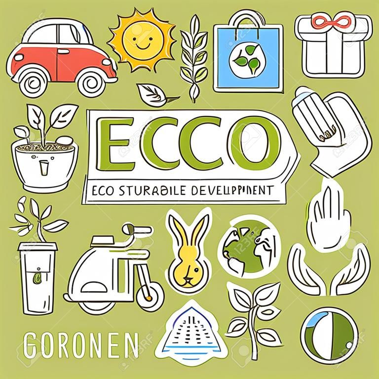 Öko- und Bio-Doodles - Symbole. Ökologie, nachhaltige Entwicklung, Naturschutz.