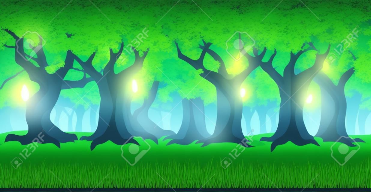 Contexte de dessin animé panoramique d'une forêt de chênes. Parallaxe transparente pour un jeu d'ordinateur arcade 2D. Glade d'herbe verte et arbres éclairés par des torches la nuit. Illustration vectorielle