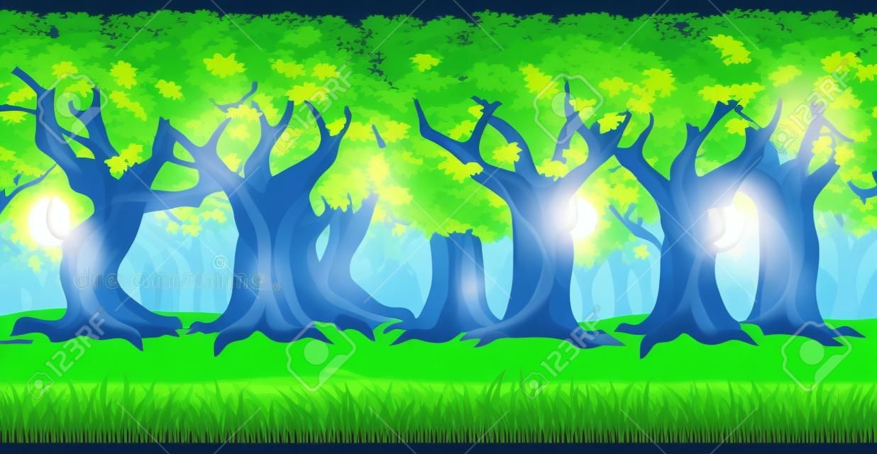Contexte de dessin animé panoramique d'une forêt de chênes. Parallaxe transparente pour un jeu d'ordinateur arcade 2D. Glade d'herbe verte et arbres éclairés par des torches la nuit. Illustration vectorielle