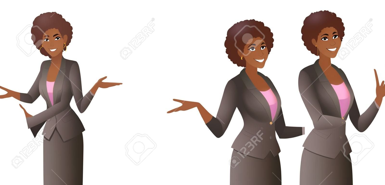 La donna africana che indossa la tuta indica qualcosa. Giovani donne sveglie sorridenti con il puntatore e il gesto dimostrativo. Illustrazione vettoriale isolata su sfondo bianco.
