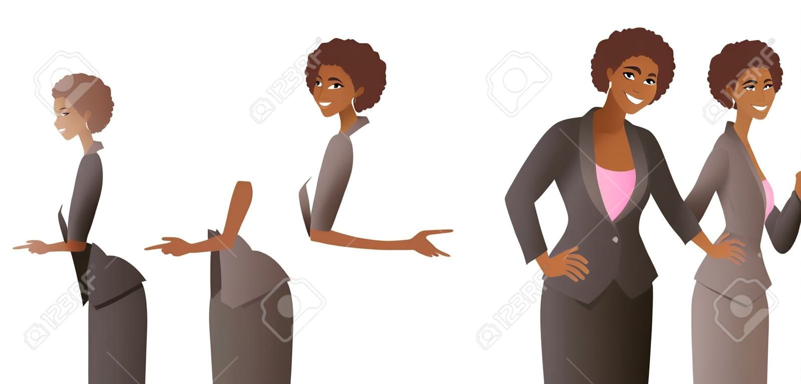 La donna africana che indossa la tuta indica qualcosa. Giovani donne sveglie sorridenti con il puntatore e il gesto dimostrativo. Illustrazione vettoriale isolata su sfondo bianco.