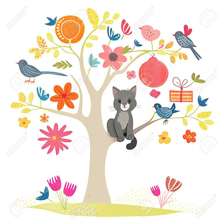 cutecat and birds on the tree