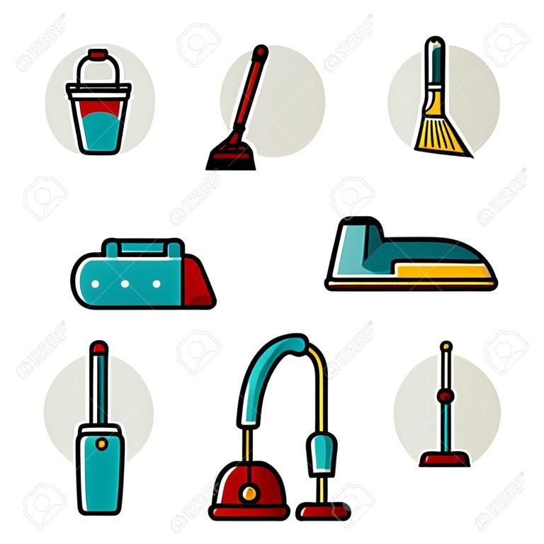 Ensemble de vecteur d'icônes plats pour nettoyer les outils à la maison. Objets isolés sur fond blanc. Nettoyer la pièce, laver le sol et les fenêtres. Style linéaire.