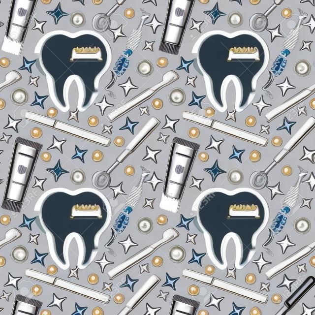 Vector seamless pattern on dental theme. Teeth and equipment for dentists. Used for backgrounds, cards, wallpapers.