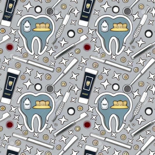 Vector seamless pattern on dental theme. Teeth and equipment for dentists. Used for backgrounds, cards, wallpapers.