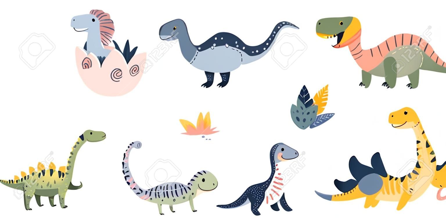 Un ensemble d'illustrations de dinosaures drôles mignons dans le style scandinave. Animaux du Jurassique. Impressions pour T-shirts ou livres pour enfants. Objets isolés sur fond blanc
