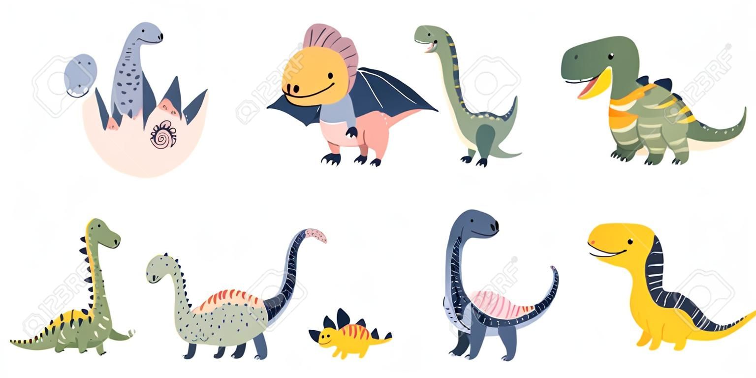 Un ensemble d'illustrations de dinosaures drôles mignons dans le style scandinave. Animaux du Jurassique. Impressions pour T-shirts ou livres pour enfants. Objets isolés sur fond blanc