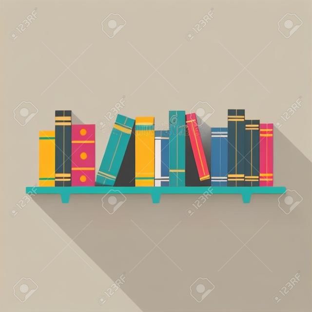 Flat Bookshelf Reading Books Illustratie met Schaduw. Terug naar School en Onderwijs Vector illustratie. Flat Style Kleurrijke boeken met lange Schaduw. Bibliotheek Interieur.