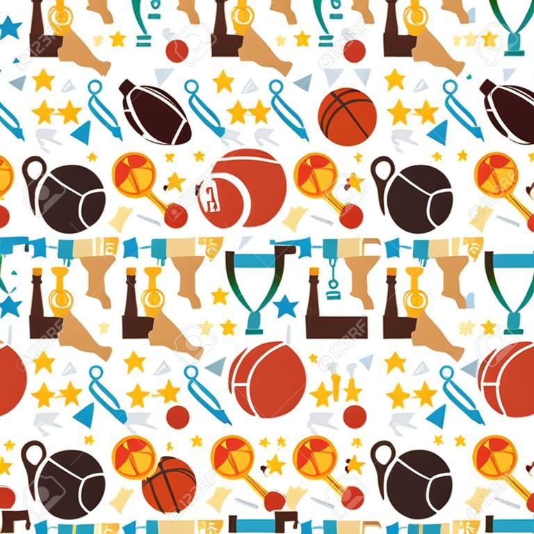 Sport Competition Fitness Vector Seamless Pattern. Sports and Activities Flat Design Vector Illustration. Background. Set of Team Games First place and Sport Items