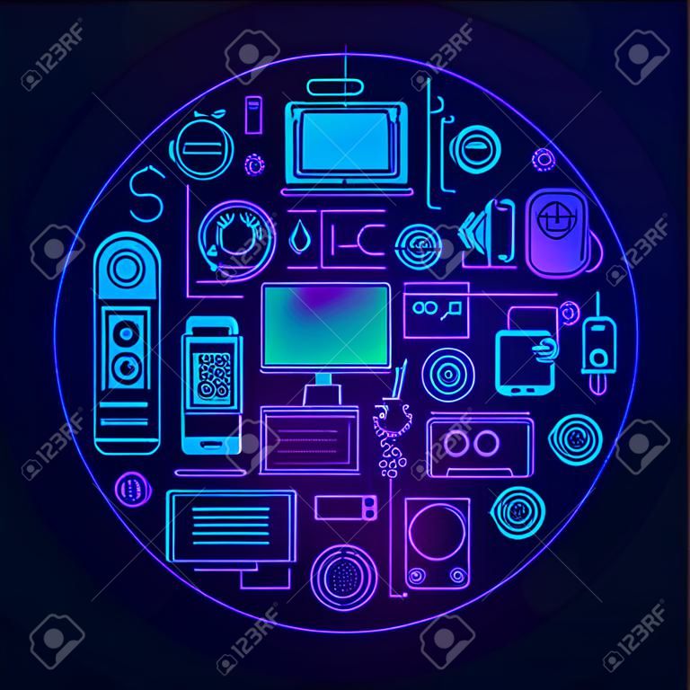 Pasek gadżetów Koncepcja Concept Circle. Ilustracji wektorowych obiektów technologii i elektroniki.