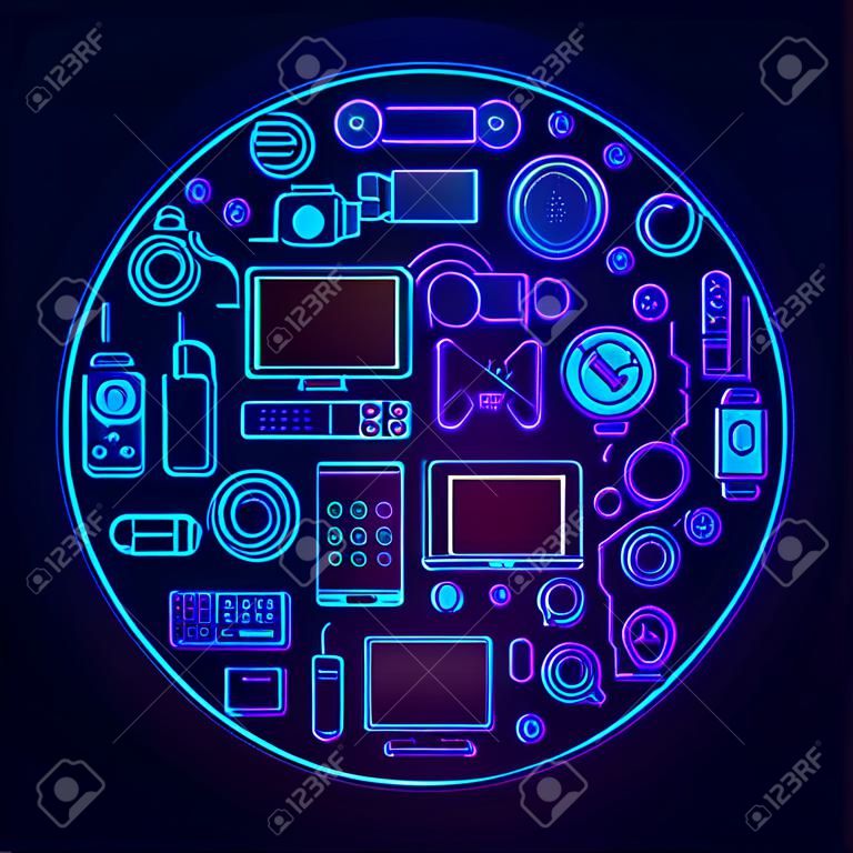 Pasek gadżetów Koncepcja Concept Circle. Ilustracji wektorowych obiektów technologii i elektroniki.