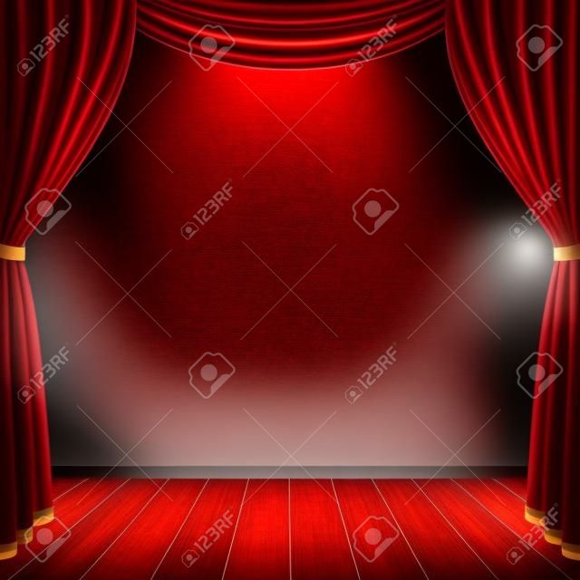 Empty theatrical scene stage with red curtains drapes and brown wooden floor with dramatic spotlight in the center, stock graphic illustration