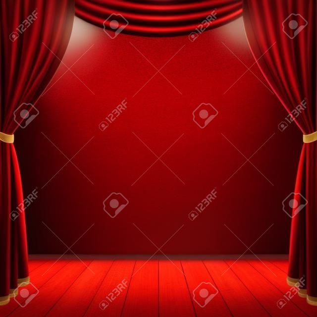 Cena teatral vazia palco com cortinas vermelhas cortinas e piso de madeira marrom com holofotes dramáticos no centro, ilustração gráfica de stock