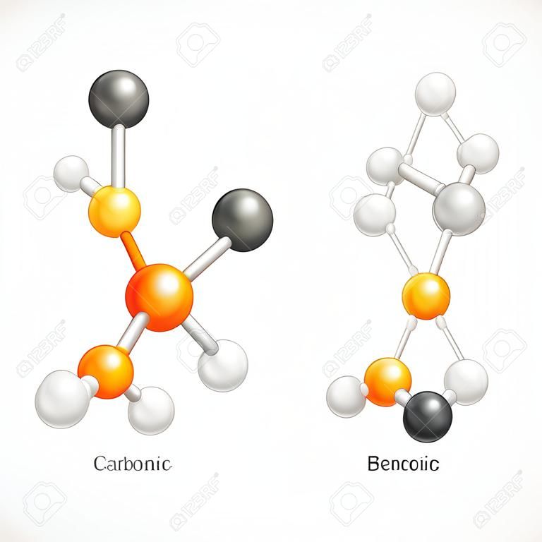 Illustrazione della struttura molecolare 3d, palla e bastone modello di molecola acido acetico, metano, acqua, benzene, acido carbonico, isolato su sfondo bianco, grafica vettoriale d'archivio