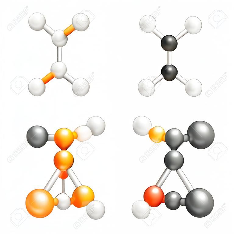 Illustrazione della struttura molecolare 3d, palla e bastone modello di molecola acido acetico, metano, acqua, benzene, acido carbonico, isolato su sfondo bianco, grafica vettoriale d'archivio