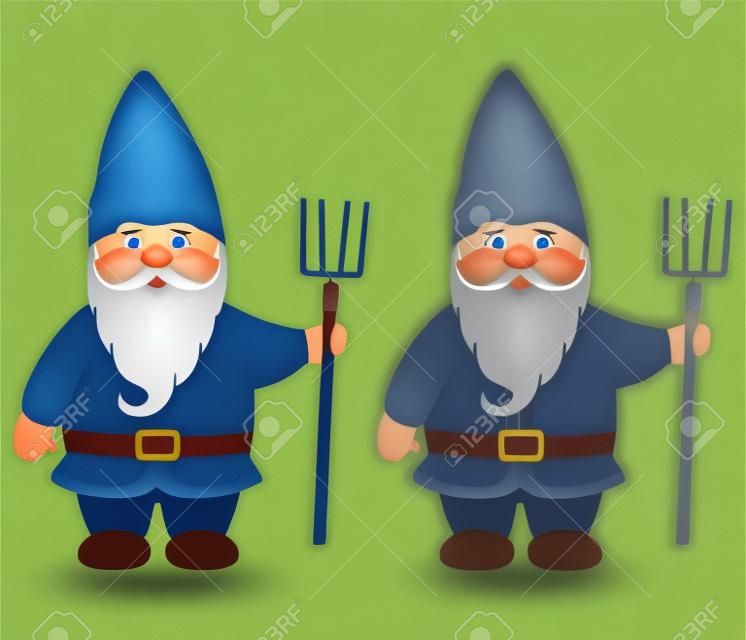 Cute garden gnome with a hayfork in his hands. Gnome in color and outline