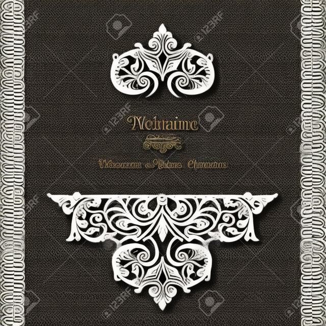 Vector lace pattern in Victorian style on scroll work background. Ornate element for design. Place for text. Ornament for wedding invitations, birthday and greeting cards. Contrast decor.