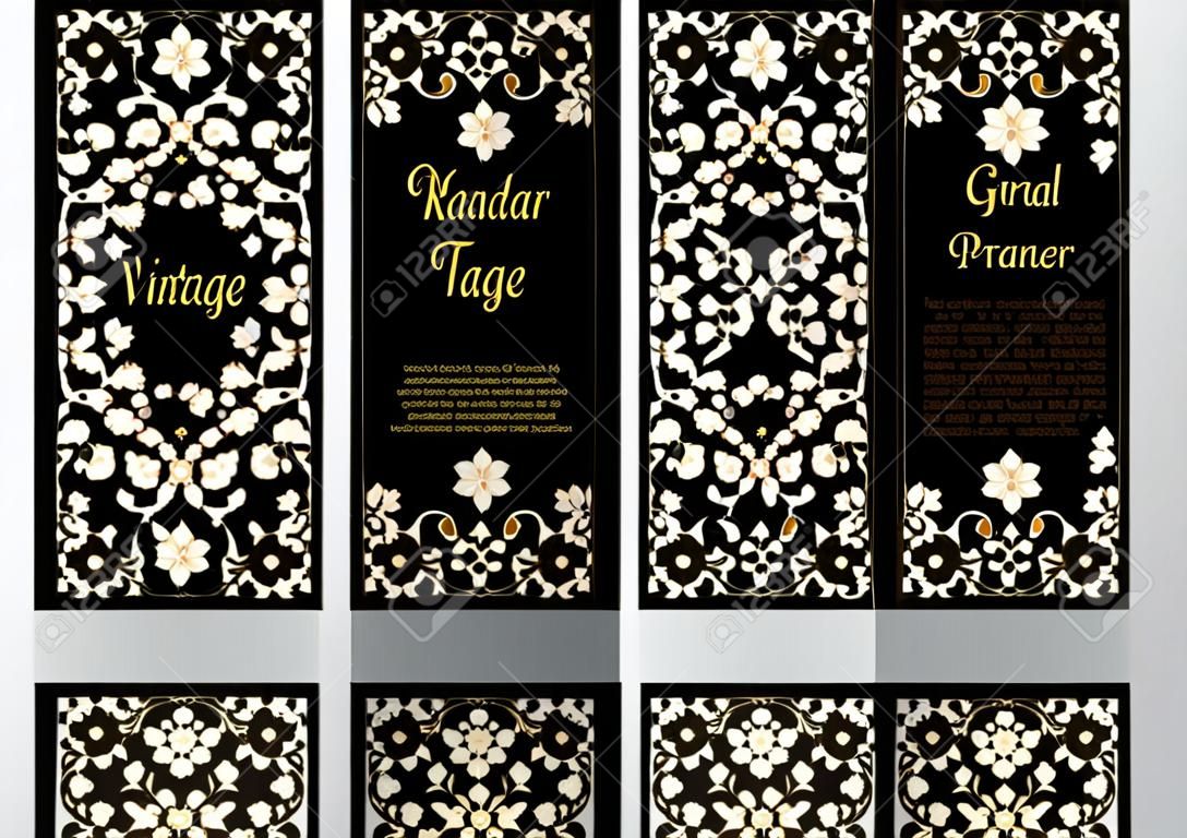 Vector set of ornate vertical cards in oriental style. Golden Eastern floral decor. Template vintage frame for Ramadan Kareem greeting, invitation, thank you message. Labels and tags, place for text.
