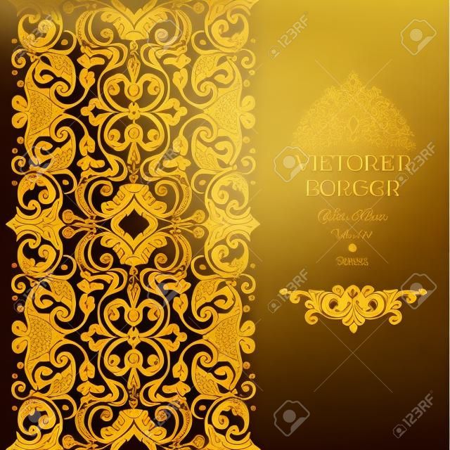 Vector golden border for design template. Element in Victorian style. Luxury floral frame, frieze and vignette. Ornate decor for invitations, greeting cards, certificate, thank you message, web page.