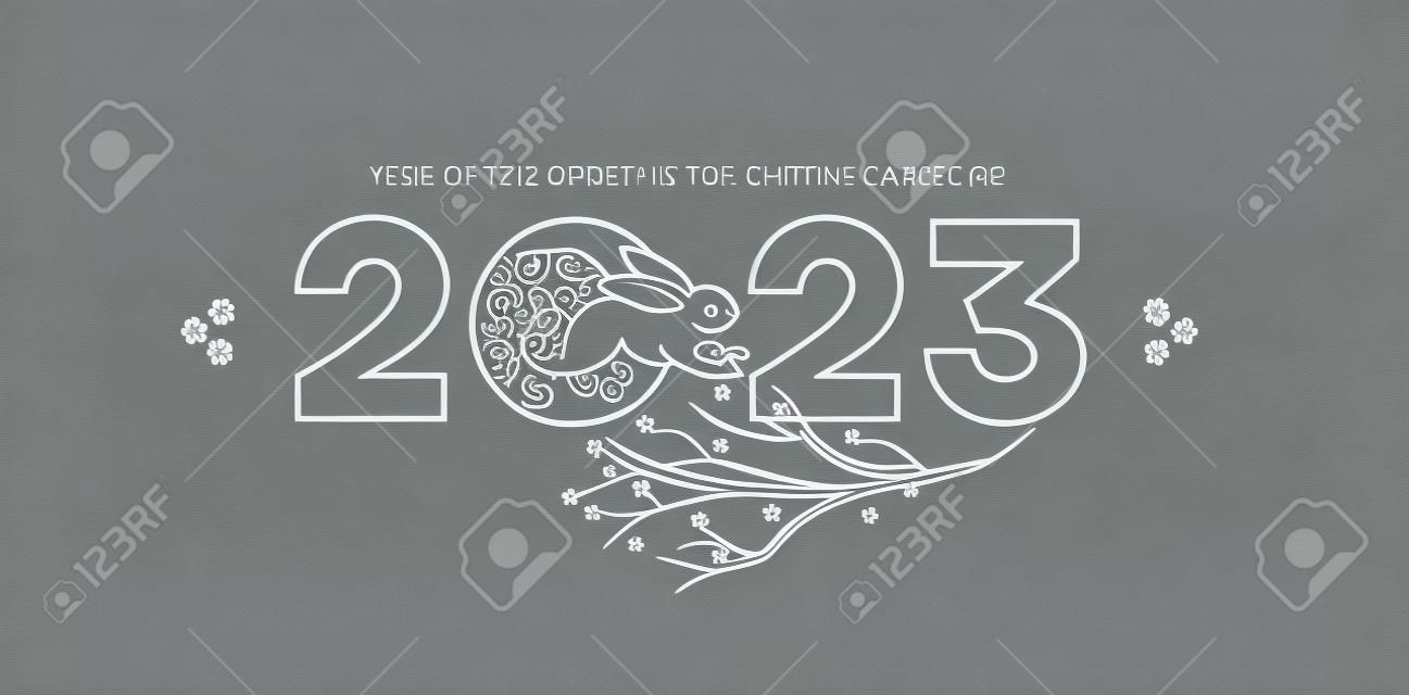 Line art vector banner, poster, premade card template. Chinese illustration of the Rabbit Zodiac sign. Symbol of 2023 in the Chinese Lunar calendar, isolated. Black Water Rabbit Chine Calendar.