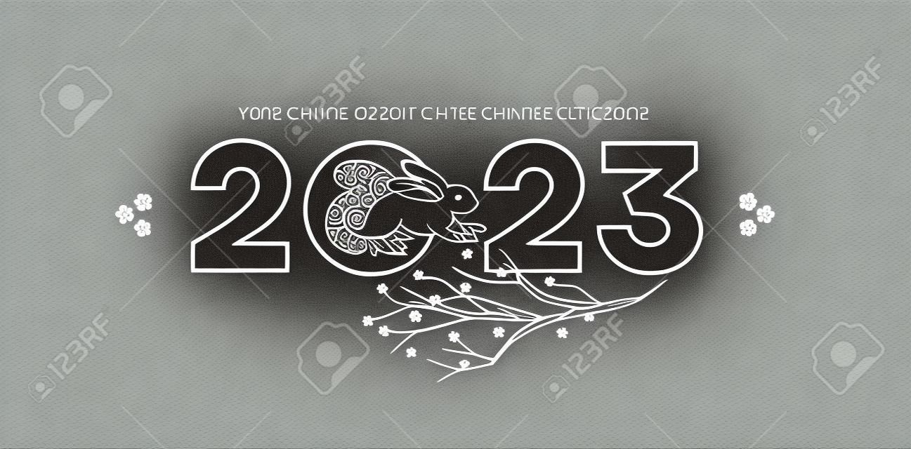 Line art vector banner, poster, modello di carta premade. illustrazione cinese del segno zodiacale del coniglio. simbolo del 2023 nel calendario lunare cinese, isolato. calendario di chine di coniglio d'acqua nera.