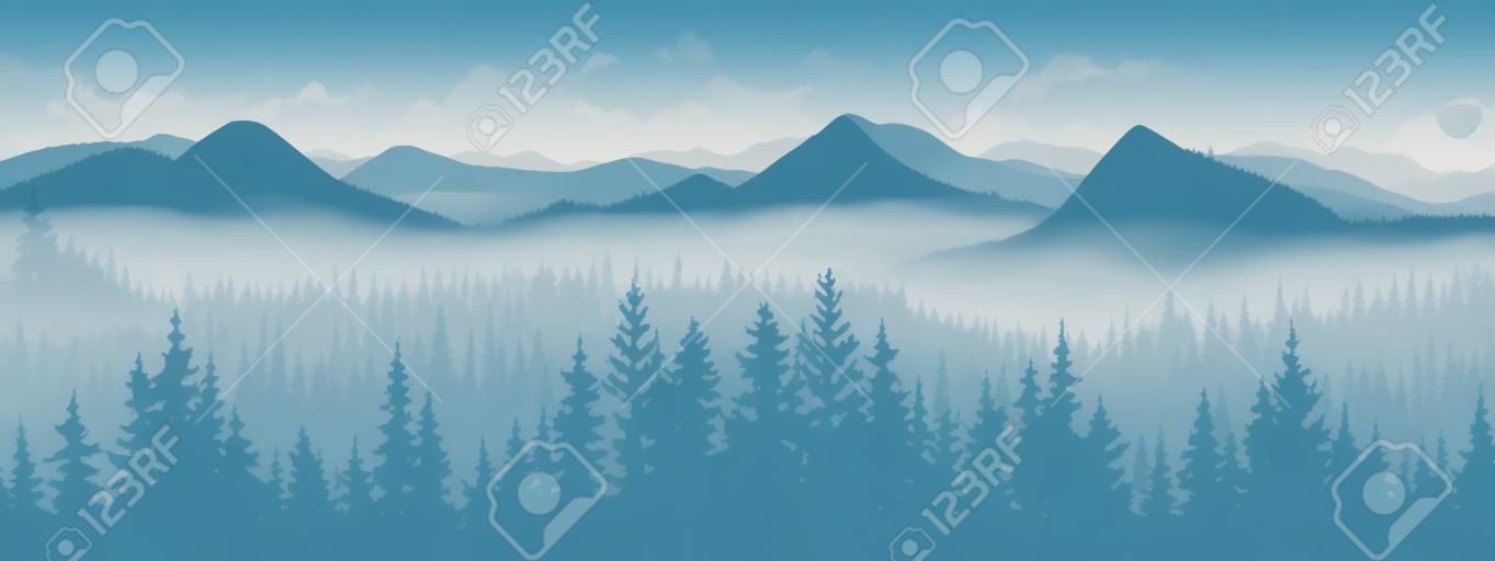 Banner horizontal. Paisagem enevoada mágica. Silhueta de floresta e montanhas, nevoeiro. Fundo da natureza. Ilustração azul e branca. Bookmark.