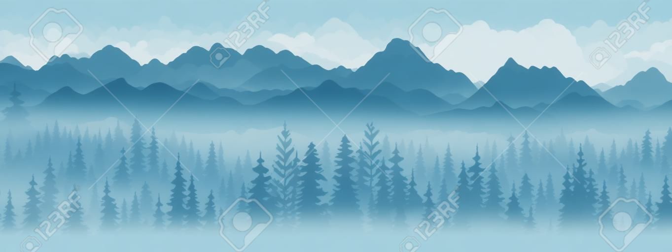 Horizontales Banner. magische Nebellandschaft. Silhouette von Wald und Bergen, Nebel. Natur Hintergrund. blaue und weiße Abbildung. Lesezeichen.