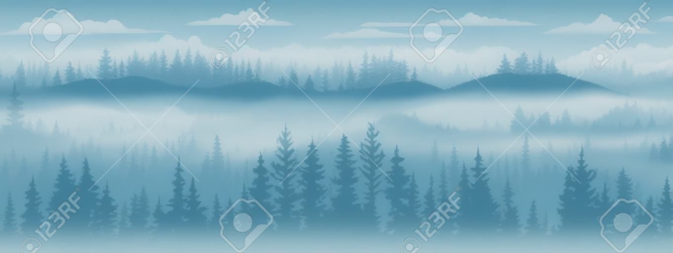 Bannière horizontale. paysage brumeux magique. silhouette de forêt et de montagnes, brouillard. fond naturel. illustration bleue et blanche. signet.