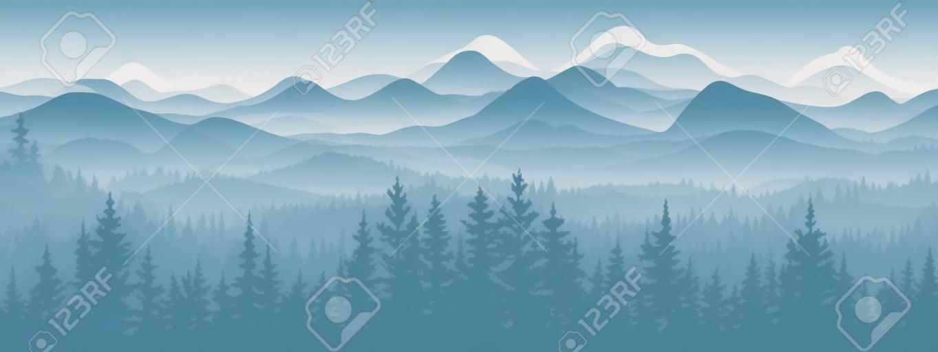 Banner horizontal. Paisagem enevoada mágica. Silhueta de floresta e montanhas, nevoeiro. Fundo da natureza. Ilustração azul e branca. Bookmark.