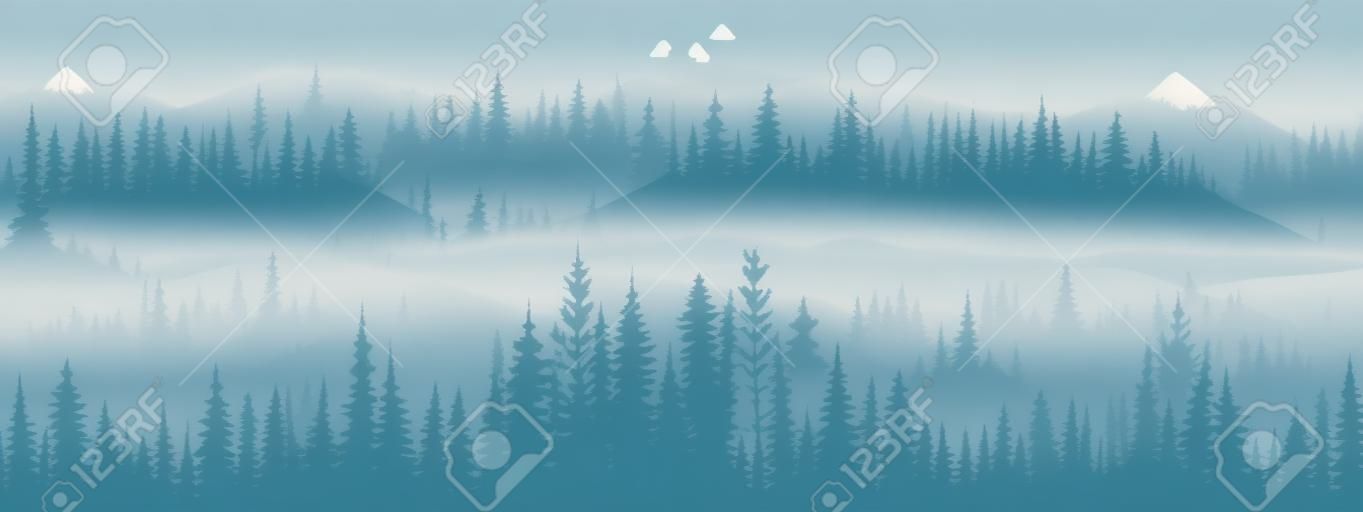 Horizontal banner. Magical misty landscape. Silhouette of forest and mountains, fog. Nature background. Blue and white illustration. Bookmark.