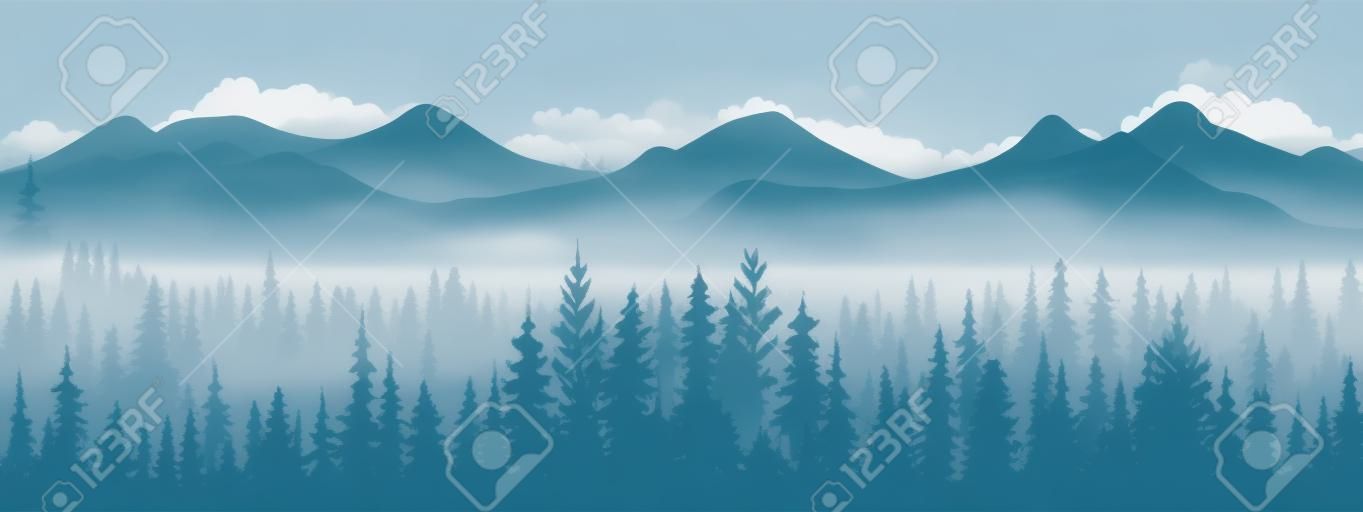 Baner poziomy. magiczny mglisty krajobraz. sylwetka lasu i gór, mgła. tło natury. niebieski i biały ilustracja. zakładka.