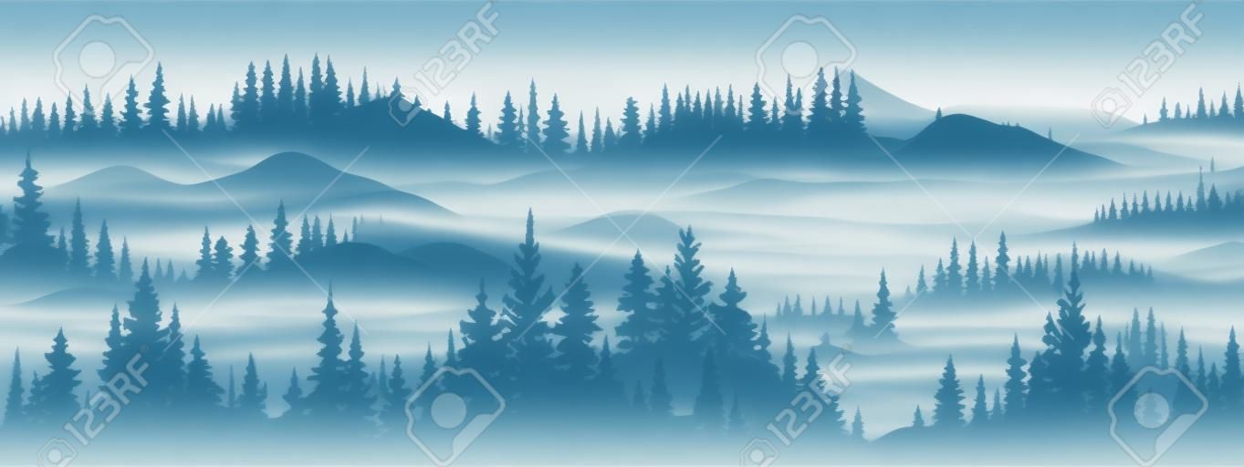 Bandiera orizzontale. magico paesaggio nebbioso. sagoma di foresta e montagne, nebbia. sfondo della natura. illustrazione blu e bianco. segnalibro.