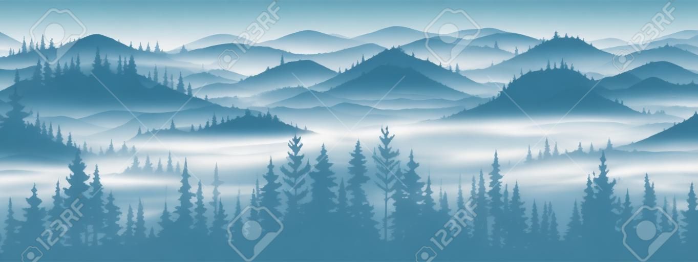 Baner poziomy. magiczny mglisty krajobraz. sylwetka lasu i gór, mgła. tło natury. niebieski i biały ilustracja. zakładka.