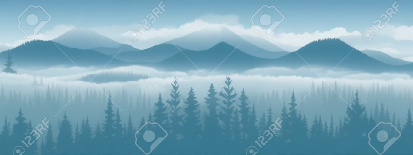 Bandiera orizzontale. magico paesaggio nebbioso. sagoma di foresta e montagne, nebbia. sfondo della natura. illustrazione blu e bianco. segnalibro.