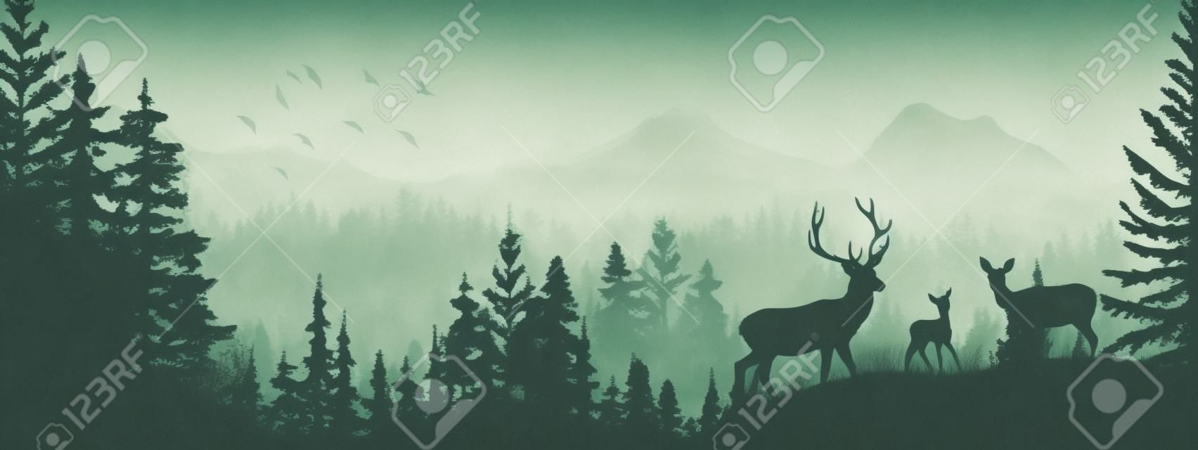 Horizontal banner. Silhouette of deer, doe, fawn standing on meadow in forrest. Silhouette of animal, trees, grass. Magical misty landscape, fog, mountains. Gray illustration. Bookmark.