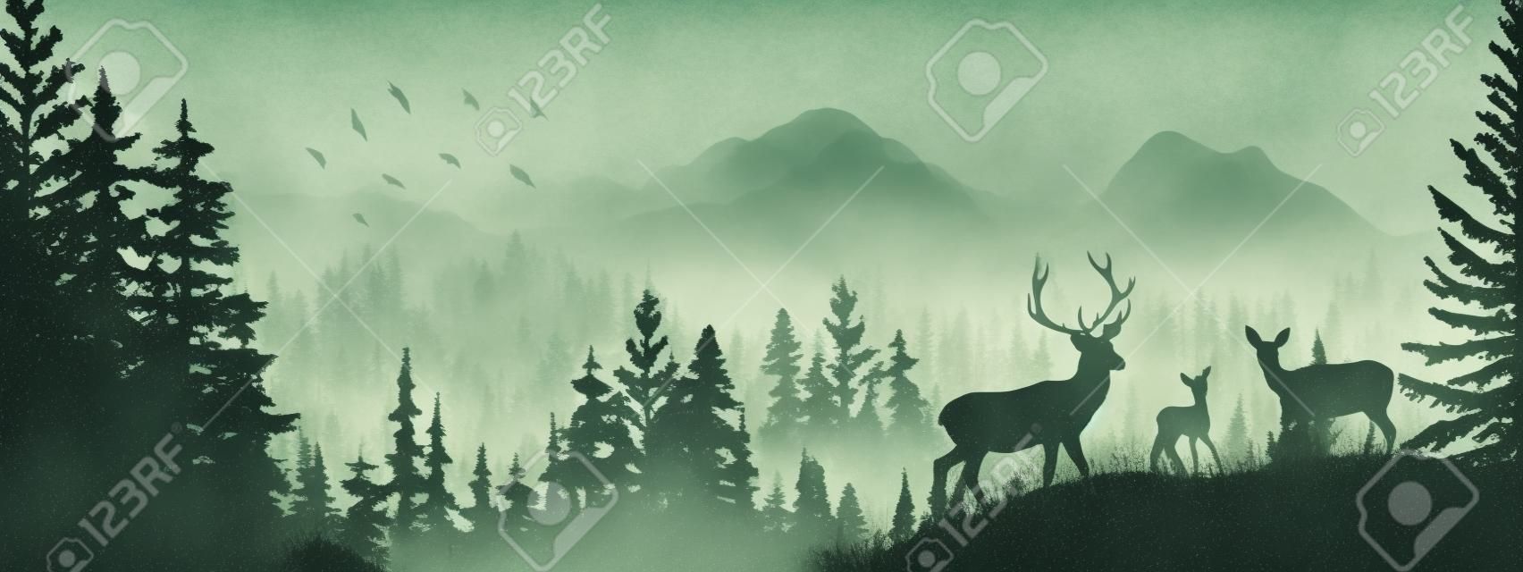 Horizontal banner. Silhouette of deer, doe, fawn standing on meadow in forrest. Silhouette of animal, trees, grass. Magical misty landscape, fog, mountains. Gray illustration. Bookmark.