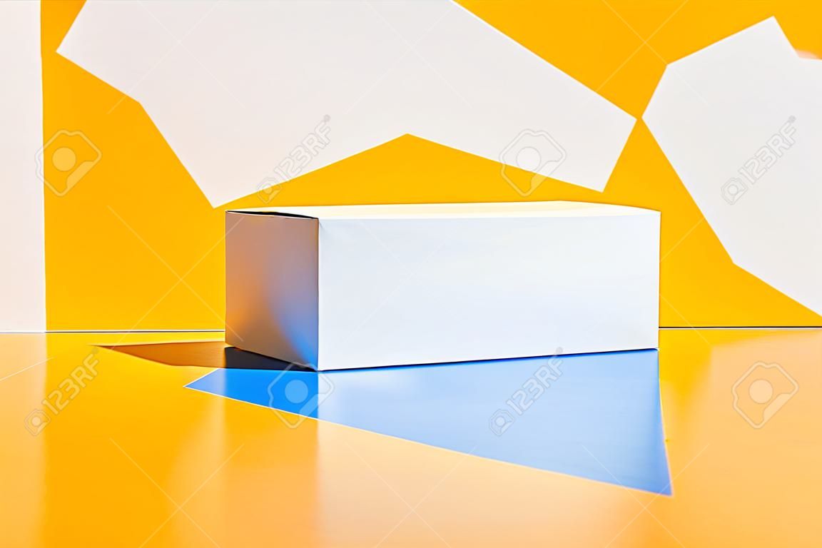 Caja blanca. Maqueta de caja de drogas. Bosquejo. Copie el espacio. Fondo isométrico de minimalismo creativo amarillo y azul. Luz dura. Oscuridad