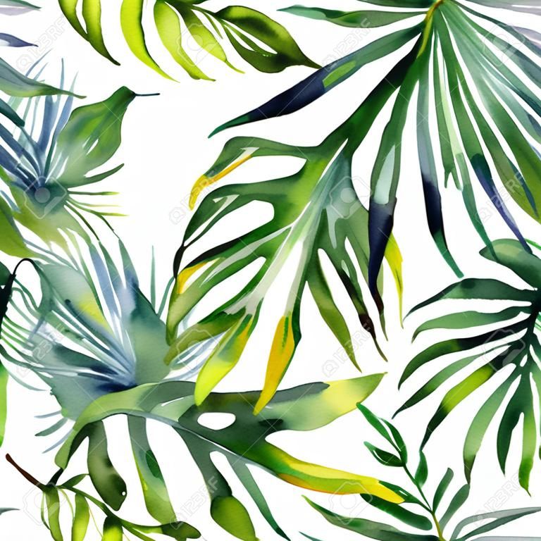 熱帯の葉の密なジャングルのシームレスな水彩イラスト。手描き。熱帯の夏をモチーフにしたバナーは背景テクスチャー、紙、テキスタイルや壁紙のデザインをラッピングとして使用することがあります。