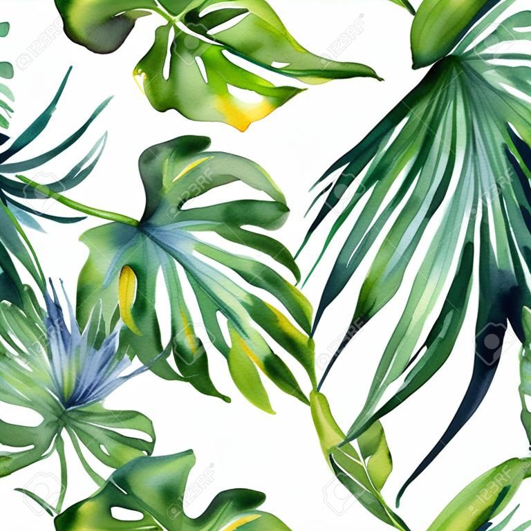 熱帯の葉の密なジャングルのシームレスな水彩イラスト。手描き。熱帯の夏をモチーフにしたバナーは背景テクスチャー、紙、テキスタイルや壁紙のデザインをラッピングとして使用することがあります。
