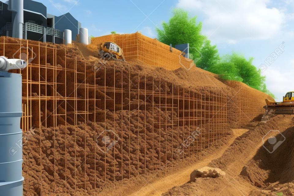 Der Bau einer Stützmauer oder Gegenfestung, Schalung, verstärkt, Vorbereitung zum Gießen von Beton, Baustelle. Verbesserung des Territoriums. Vorbeugende Maßnahmen gegen Erdrutsche.