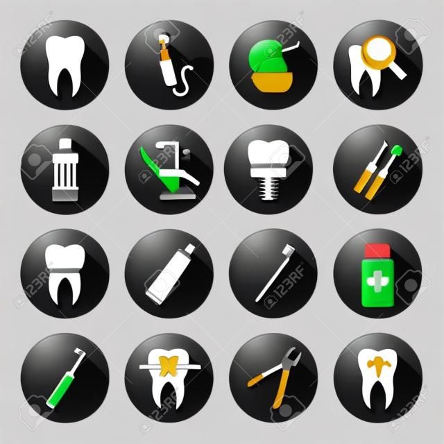 Conjunto de vector dentales Iconos de estilo plano. Iconos blancos dentales en base negro.