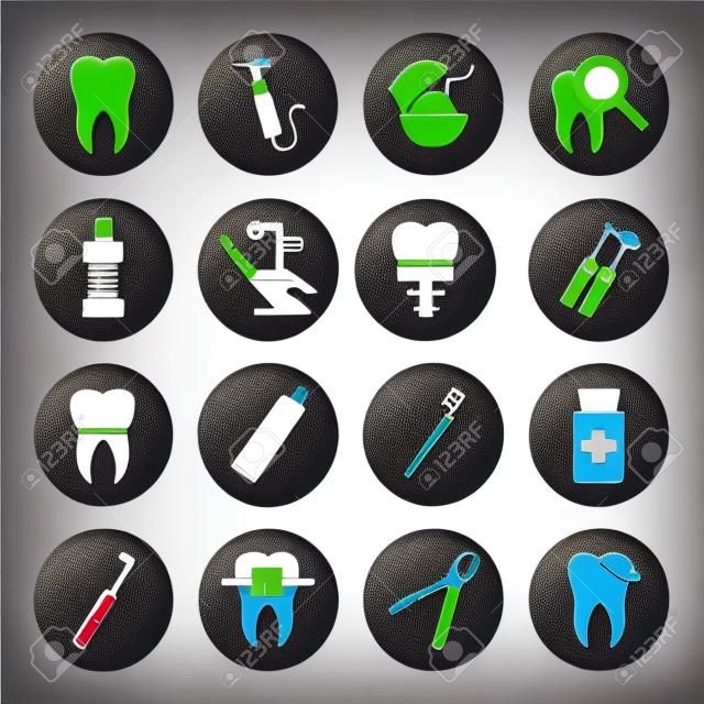 Set di icone vettoriali dentali in stile piatto. Icone bianche dentale a base nera.