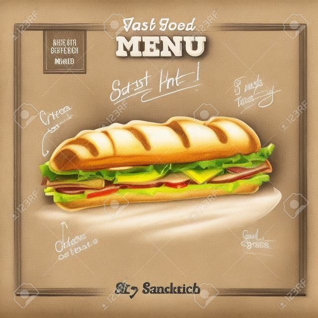 Menu de fast food de desenho de giz vintage. Sandwich sketch