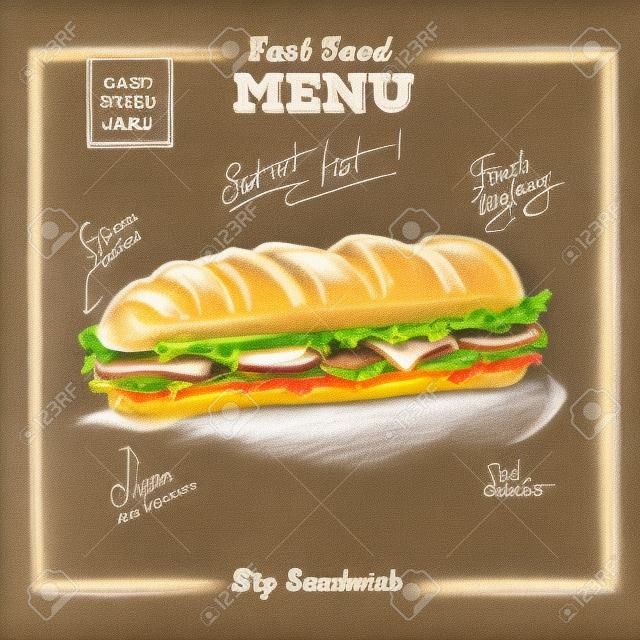 Menu de fast food de desenho de giz vintage. Sandwich sketch