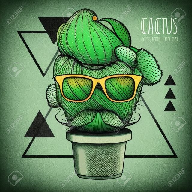 Dessin à la main cactus hipster avec illustration vectorielle moustache sur fond triangle grunge
