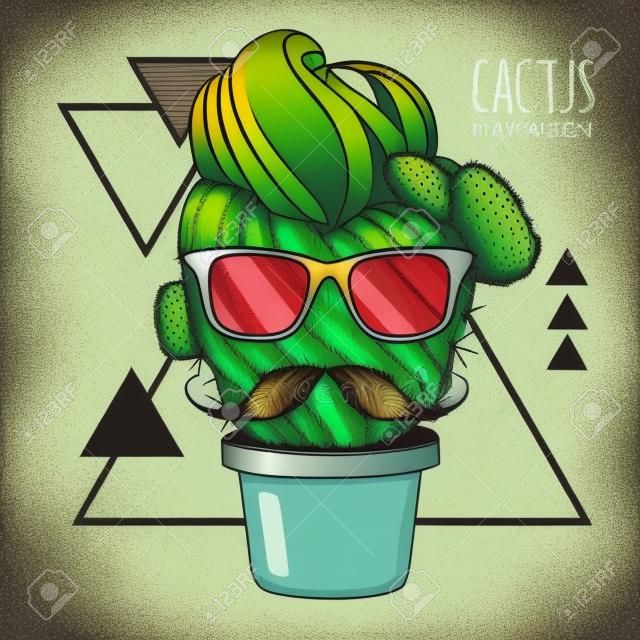 Dessin à la main cactus hipster avec illustration vectorielle moustache sur fond triangle grunge