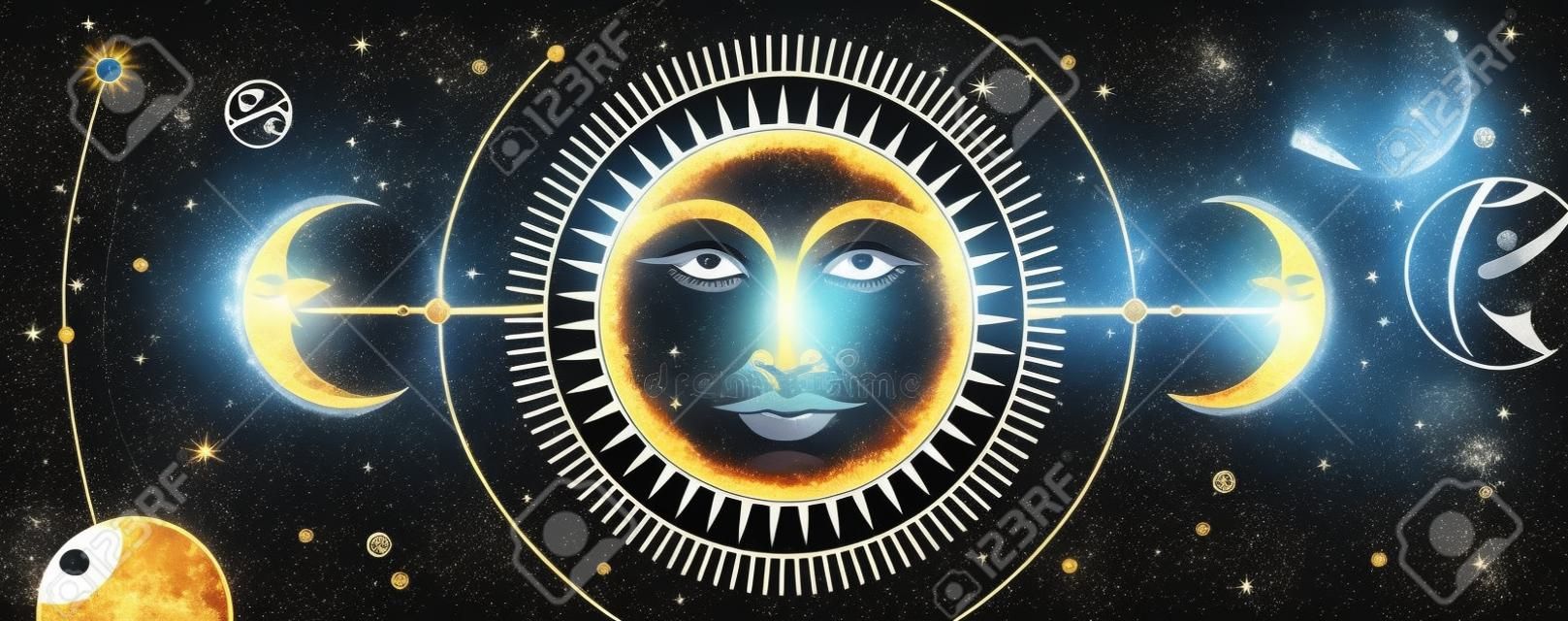 Moderne magische Hexereikarte mit Astrologie-Sonnen- und Mondzeichen mit menschlichem Gesicht auf Weltraumhintergrund. Tag und Nacht. Realistische Handzeichnungsvektorillustration