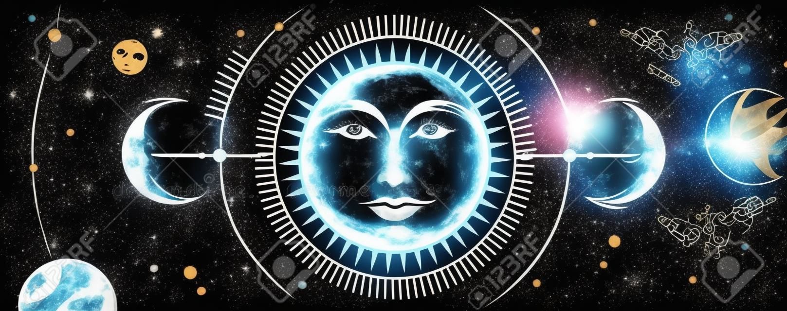 Moderne magische Hexereikarte mit Astrologie-Sonnen- und Mondzeichen mit menschlichem Gesicht auf Weltraumhintergrund. Tag und Nacht. Realistische Handzeichnungsvektorillustration