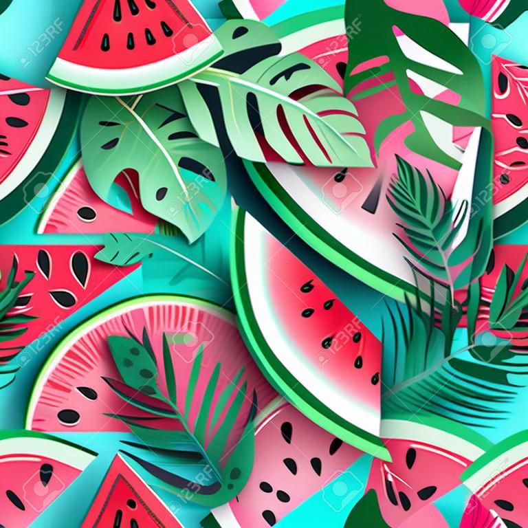 Seamless pattern with watermelon slices and tropic leaves. Vector illustration. Watermelon summer background