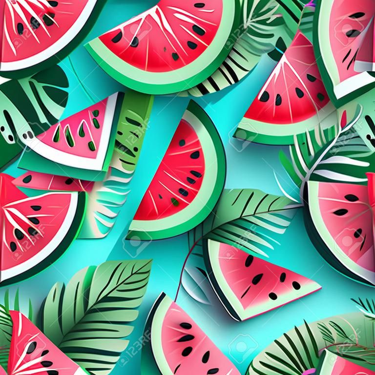 Seamless pattern with watermelon slices and tropic leaves. Vector illustration. Watermelon summer background
